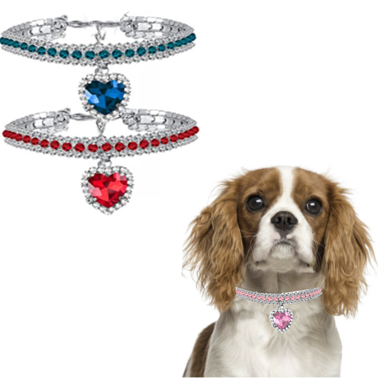 Heart Crystal Pet Collar – Cavalier King Charles in pink collar, blue and red variants shown, white studio