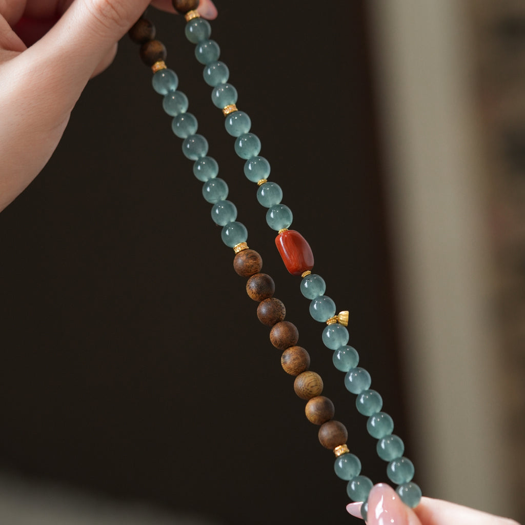 Blue Feicui Jade Two-Row Bracelet – stretched view showing full jade, agate, and agarwood bead strands