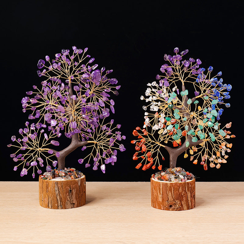 Colorful Crystal Wealth Tree – Purple and rainbow pair display, collection decor