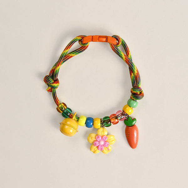 Lightweight Cat Collar – Rainbow braided rope with flower, carrot & bell charms, colorful adjustable collar