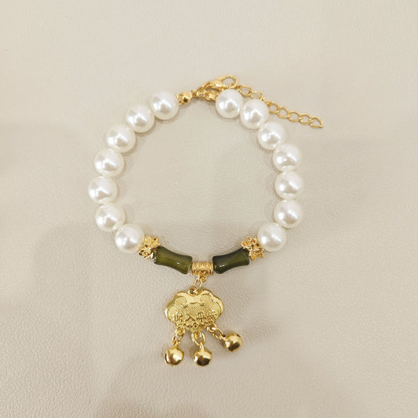 Chinese Style Collar – Pearl beads with green jade, gold ruyi lock pendant & three bells, luxury pet