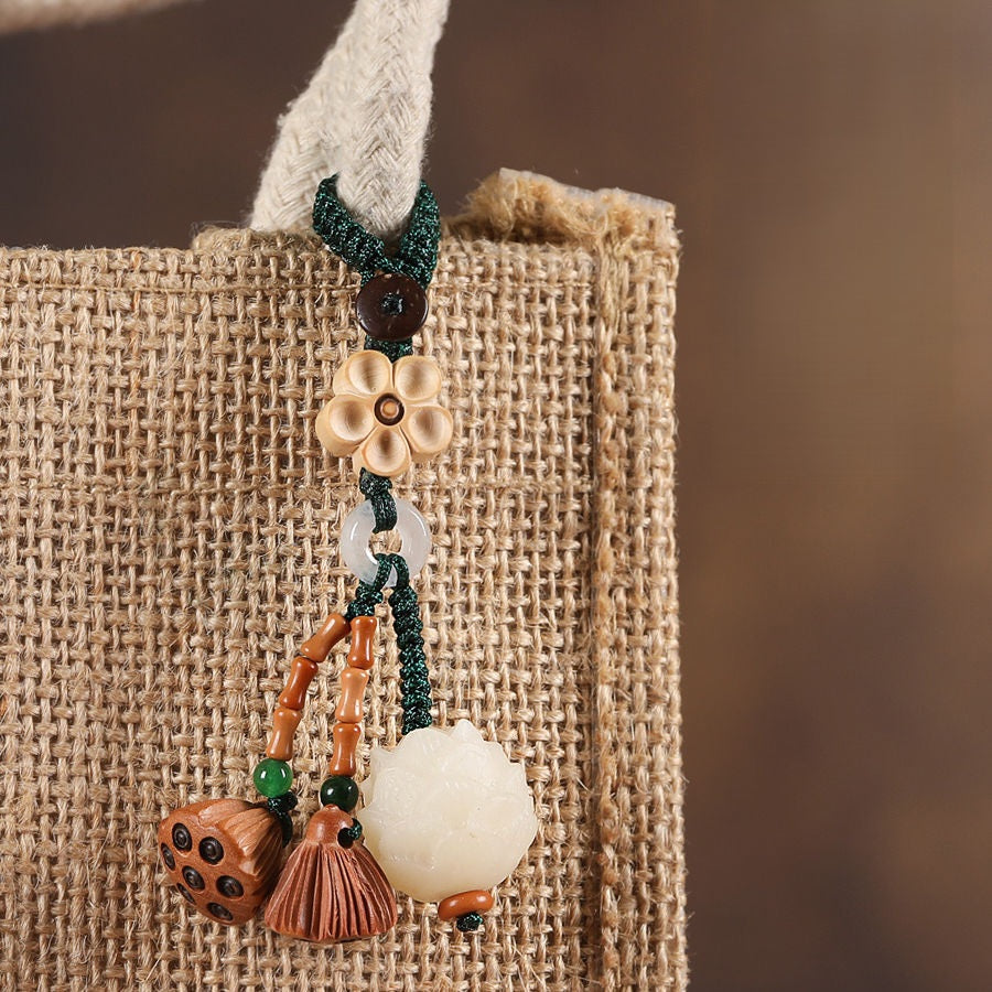 Lotus & Bodhi Car Keychain & Phone Charm - Spiritual Elegance, close-up detail, lucky charm