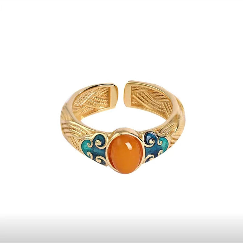 Amber Enamel Ring – front view on white background showing carved inner band detail