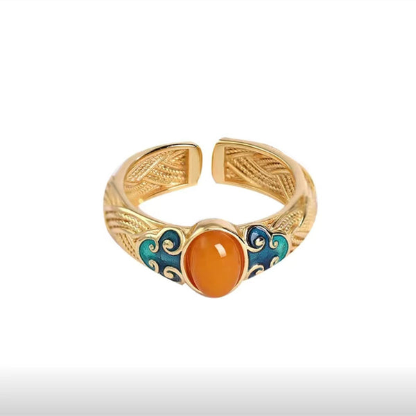 Amber Enamel Ring – front view on white background showing carved inner band detail