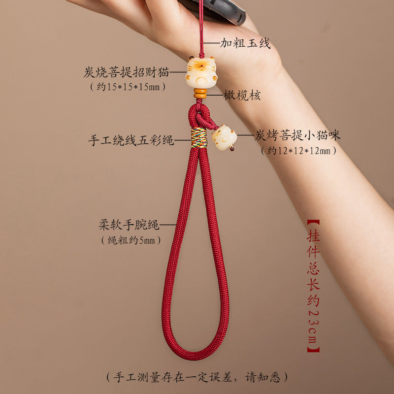 Wine red Bodhi Maneki Neko strap detail shot with Chinese size annotations