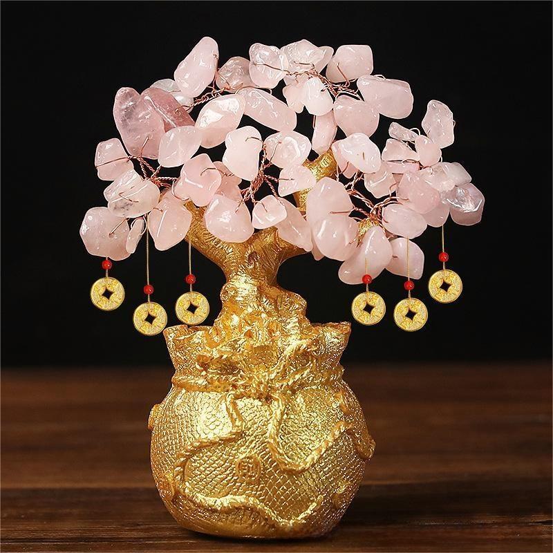 Rose Quartz Money Tree – soft pink crystal canopy on golden trunk dark wood background, love charm