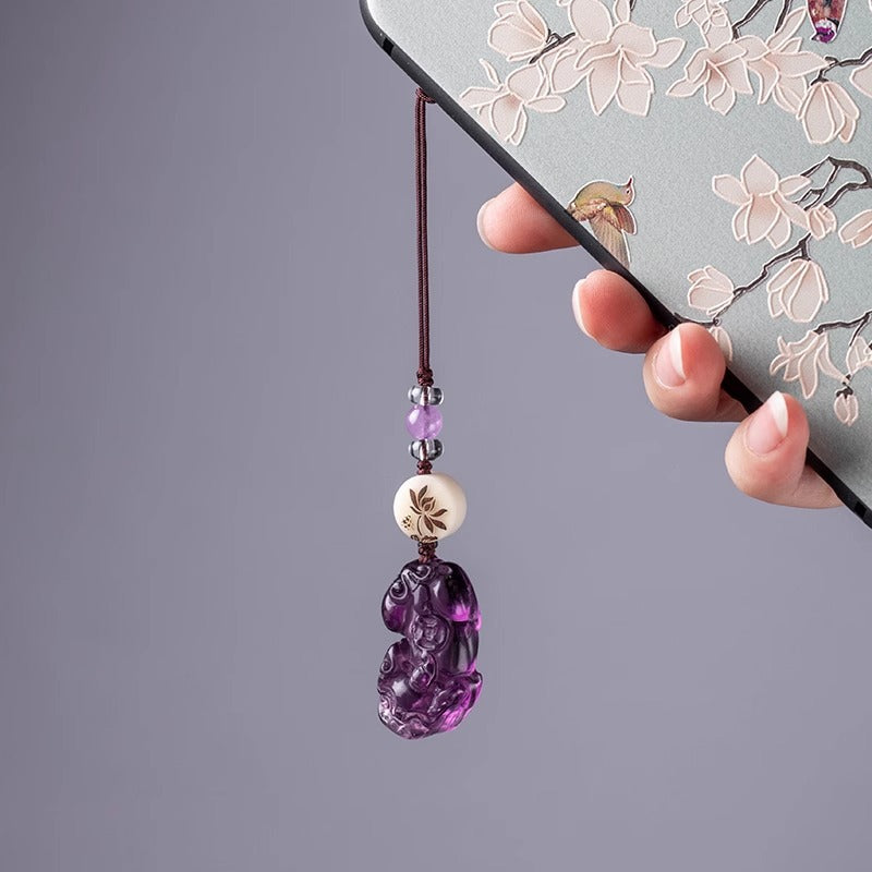 Amethyst Pi Yao Keychain, detail shot, lucky charm
