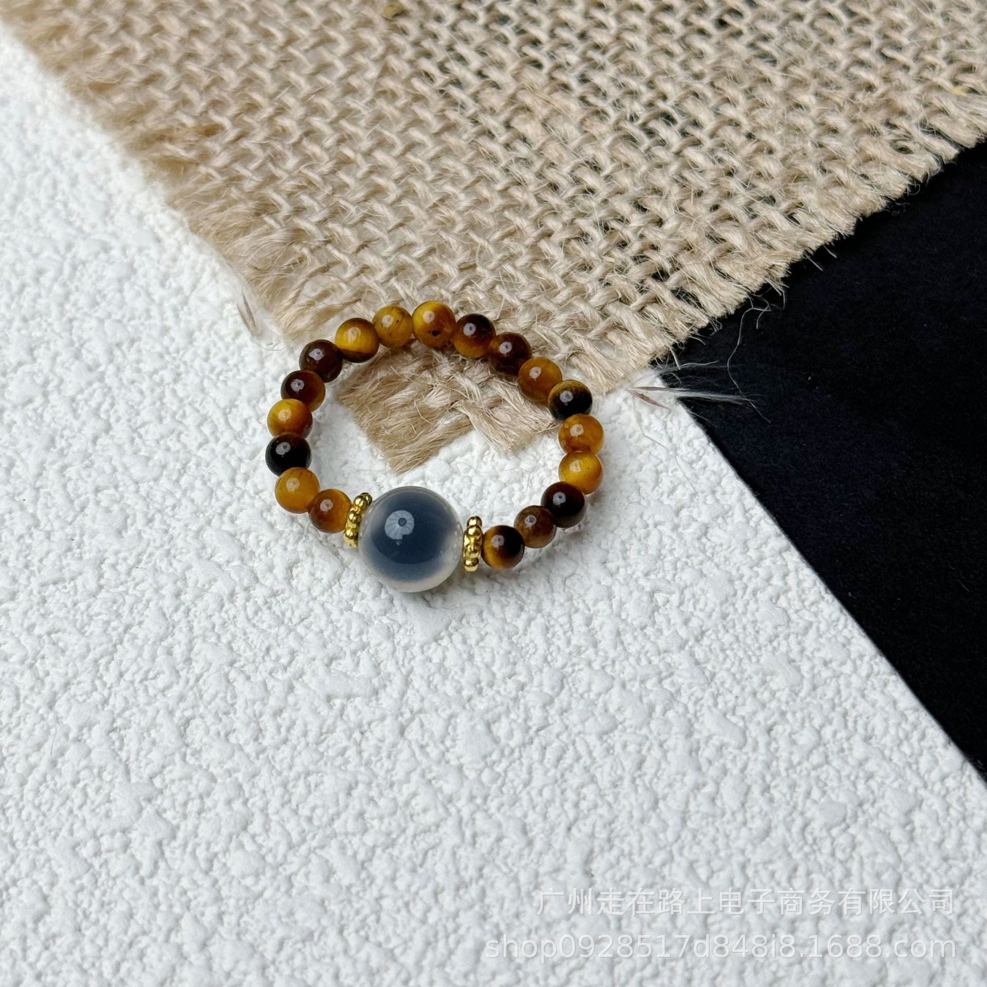 Tiger Eye Beaded Ring – Tiger eye beads with blue gray agate center on burlap, calming stack ring