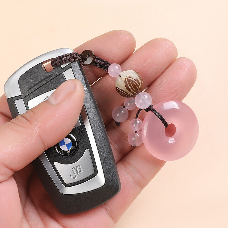 Agate Chalcedony Safety Knot Keychain – pink chalcedony on car key in hand, lotus bead keyring
