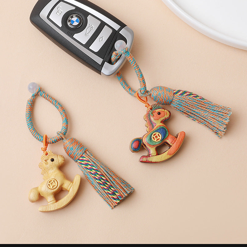 Rainbow Wooden Horse Keychain – natural and painted styles attached to car key, bag charm decor