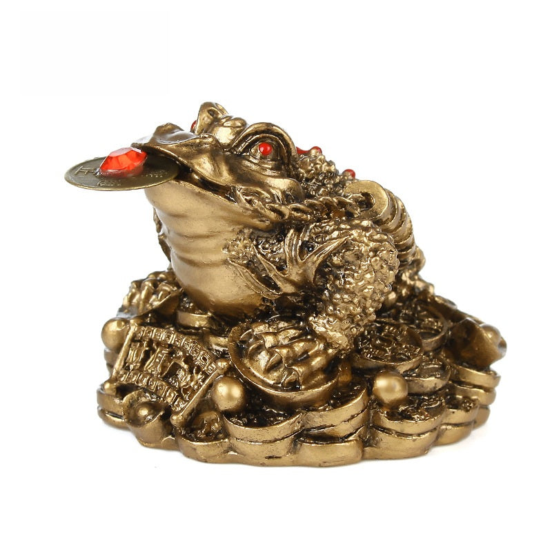 Bronze Money Toad – profile of copper frog on coin pile showing detailed texture, antique feng shui statue