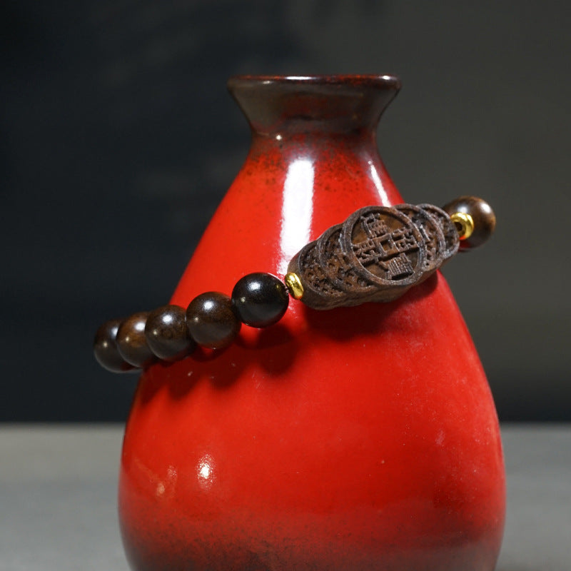 Natural Agarwood Carved Mala Bracelet, alternate angle, healing bracelet