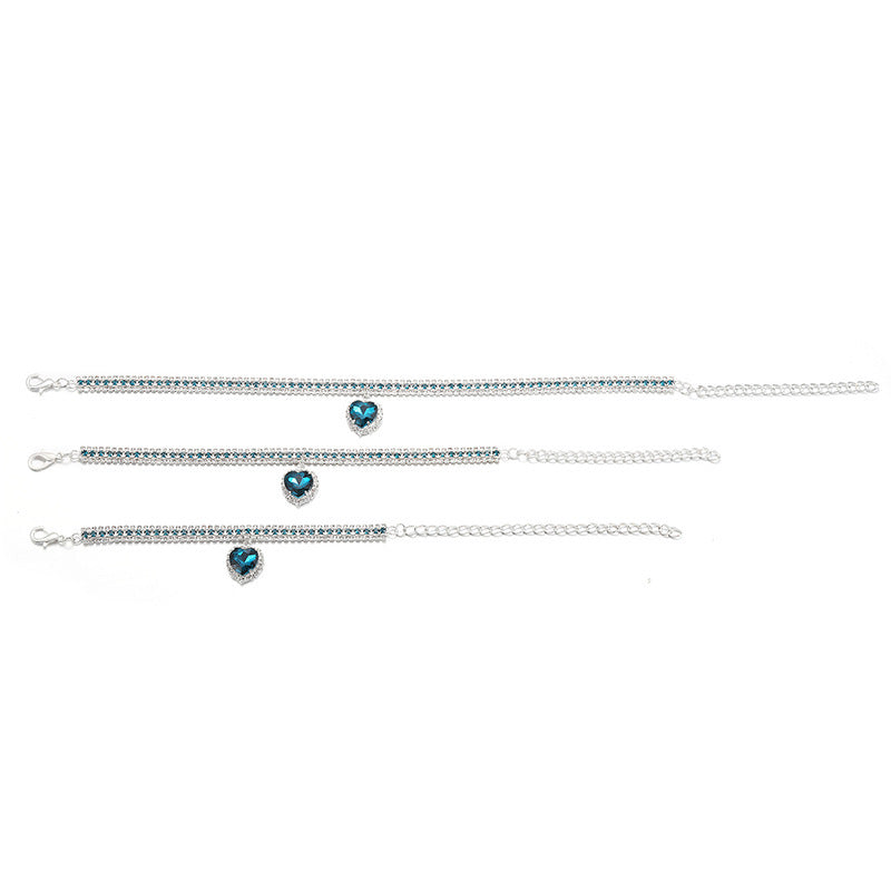 Rhinestone Pet Collar – 3 sizes teal crystal band with heart pendant, adjustable silver chain, pet gift set