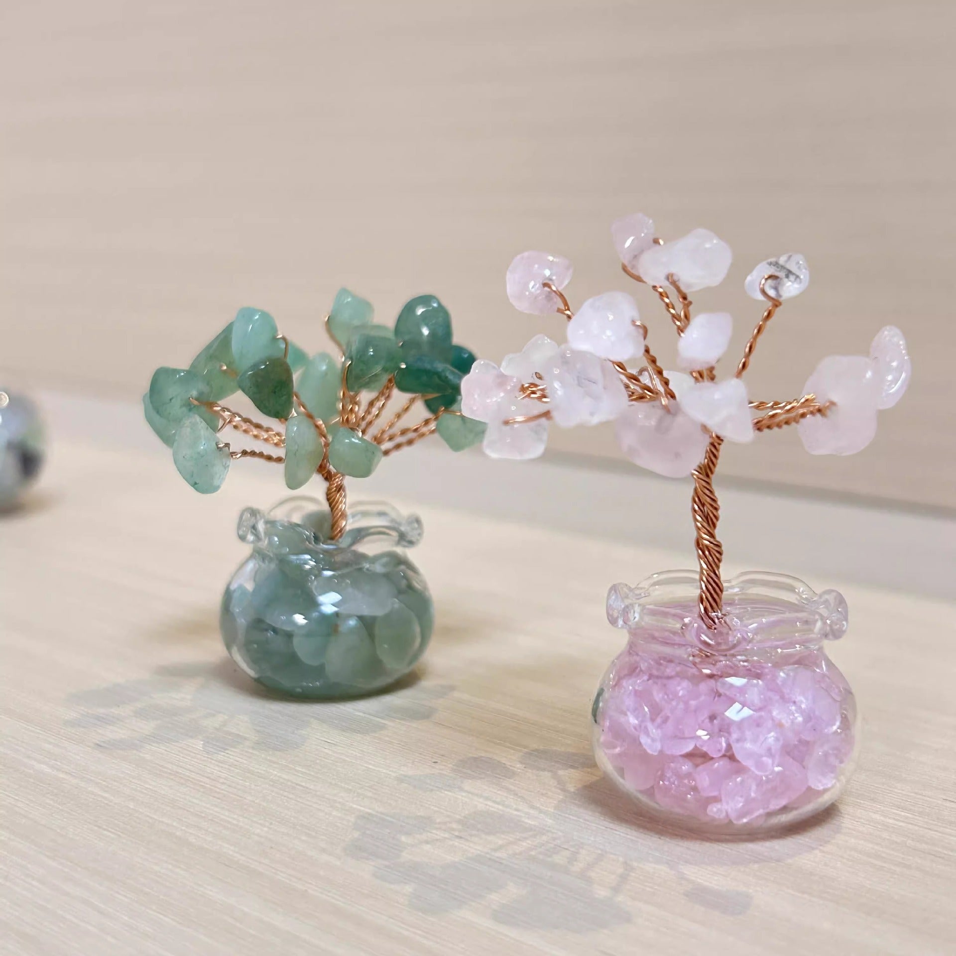 Mini Wealth Tree – green aventurine and rose quartz trees pair, dual display light background, crystal collection set