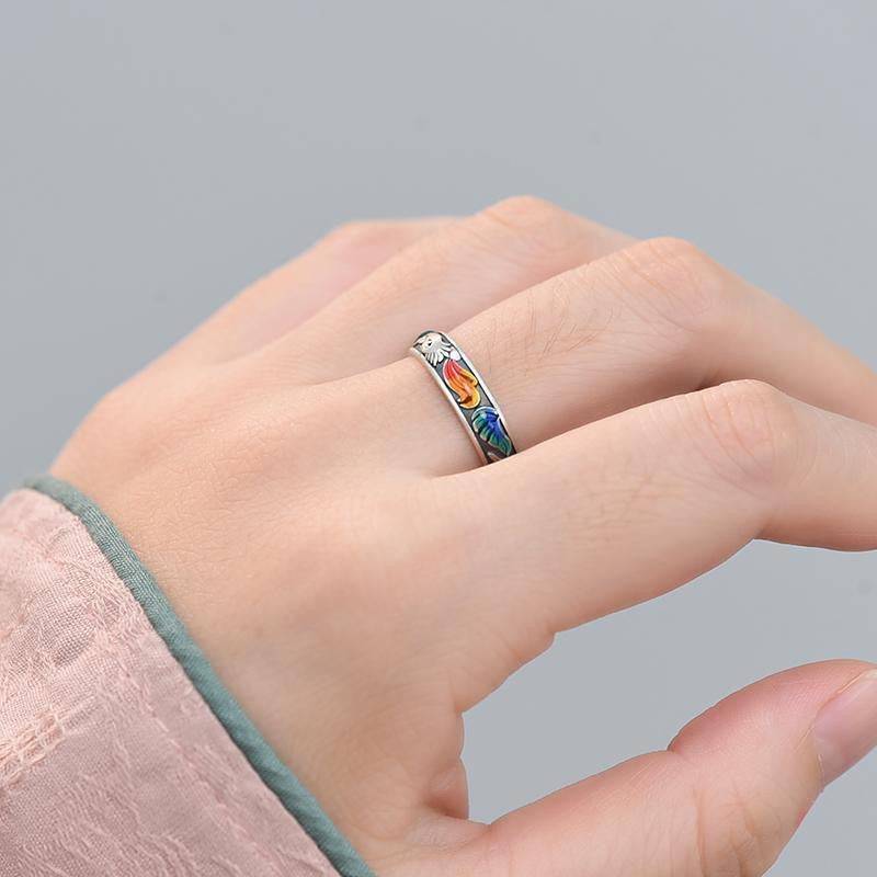 Enamel Fox Ring – Vintage enamel nine-tailed fox ring worn on finger with pink sleeve, everyday luck accessory
