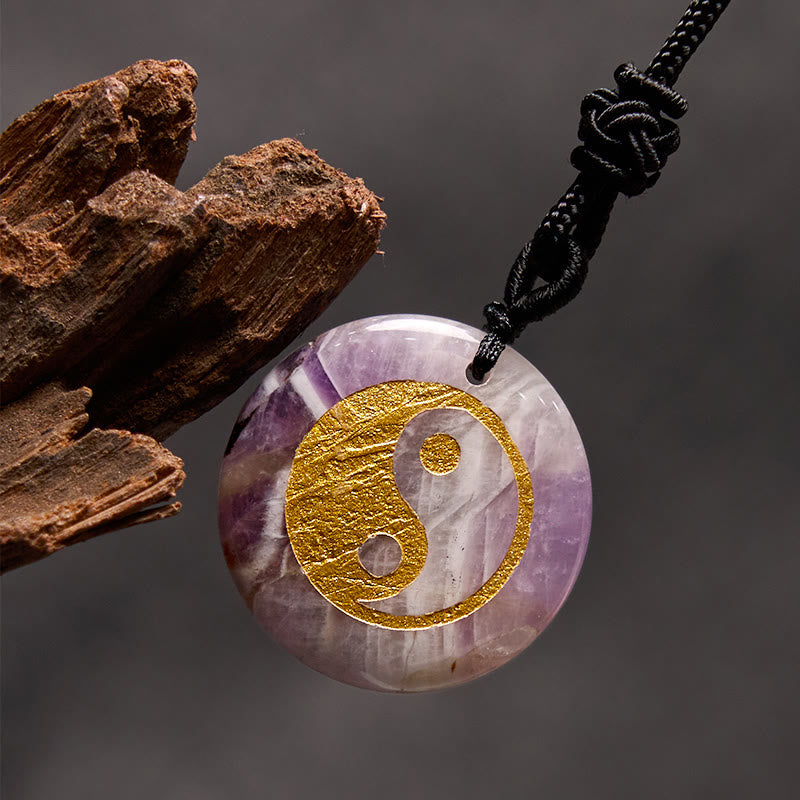 Yin Yang Crystal Necklace – Amethyst crystal round pendant with gold foil yin-yang symbol, natural purple and white quartz ba