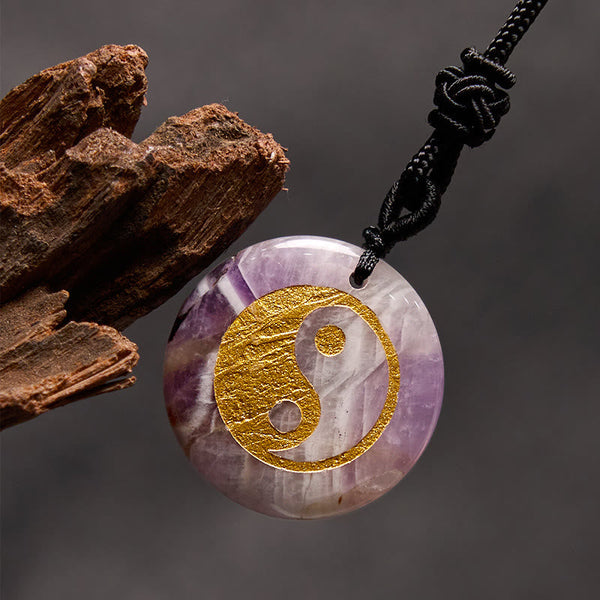 Yin Yang Crystal Necklace – Amethyst crystal round pendant with gold foil yin-yang symbol, natural purple and white quartz ba
