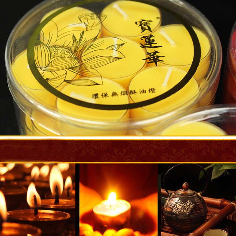 Lotus Candle Holder – Yellow ghee lamp container with lotus brand and lit candle collage