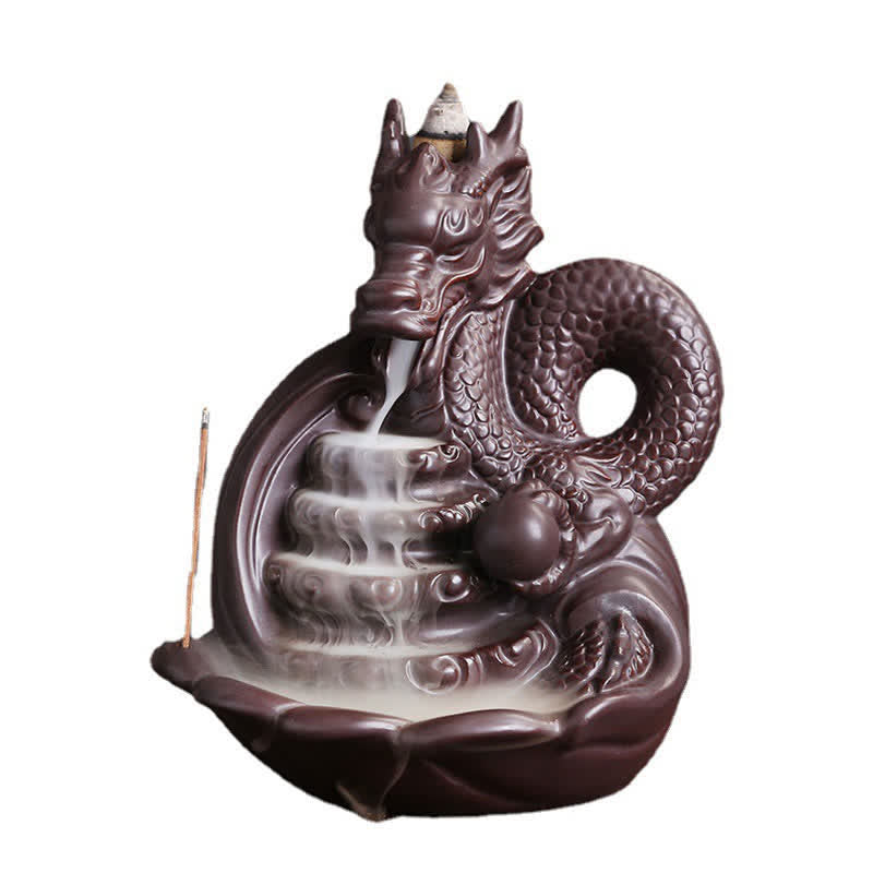 Dragon Pattern Ceramic Incense Burner – size reference photo on scale, 16.6cm 442g purple clay
