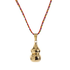 Tibetan Yin Yang Gourd Necklace - Polished gold gourd with embossed characters on white, amulet necklace
