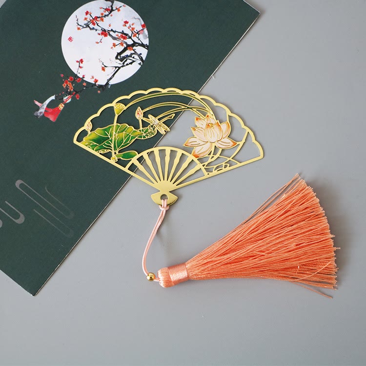 Brass Hollow Fan Bookmark - Lotus and dragonfly cutout with orange tassel, graceful