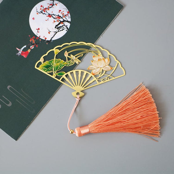 Brass Hollow Fan Bookmark - Lotus and dragonfly cutout with orange tassel, graceful