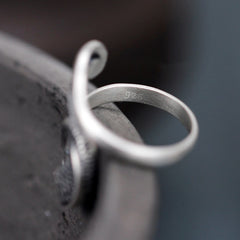 925 Sterling Silver Koi Ring – angled shot of entire ring on white background, silver koi with water texture, luck ring
