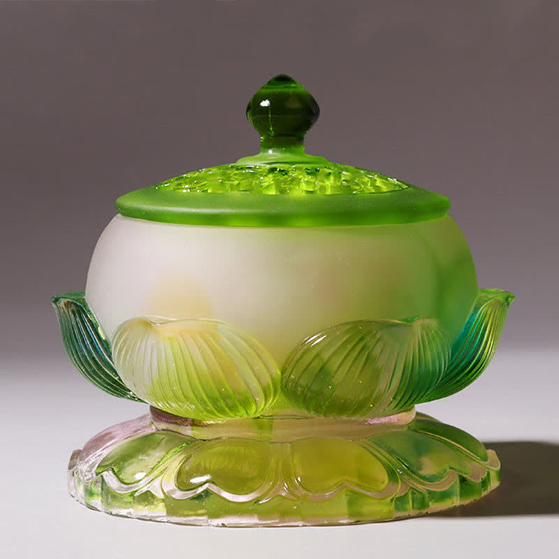 Feng Shui Lotus Liuli Crystal – green lotus vessel with textured lid, tranquil energy