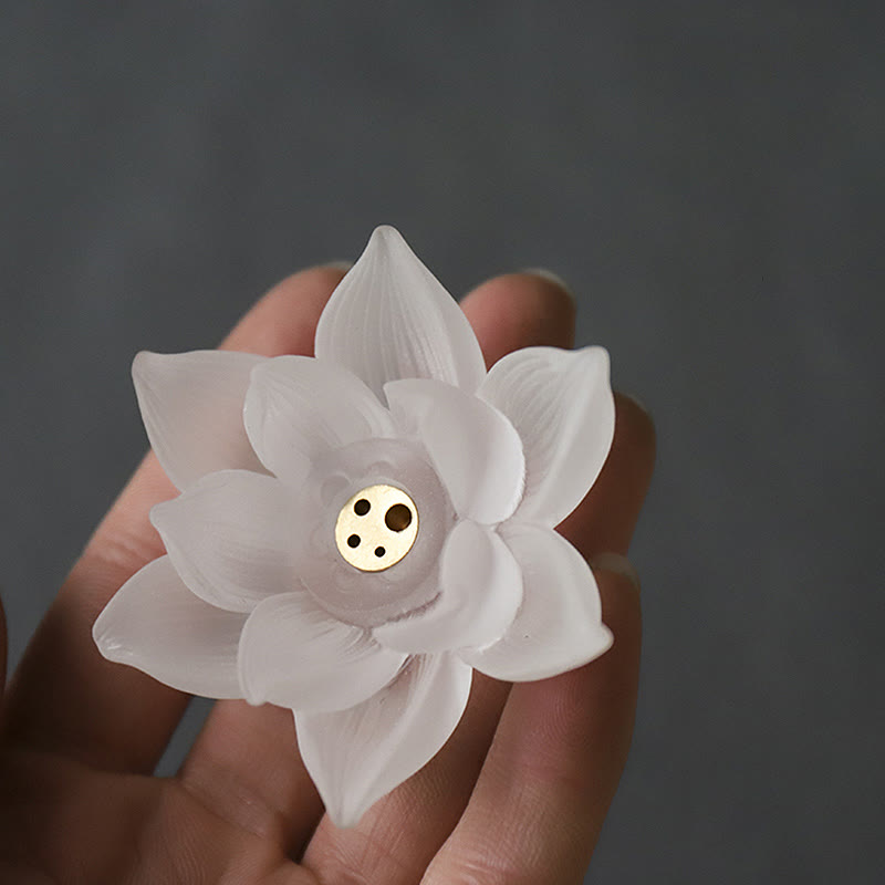 Lotus Liuli Incense Burner – fingertips reveal brass insert, Intimate
