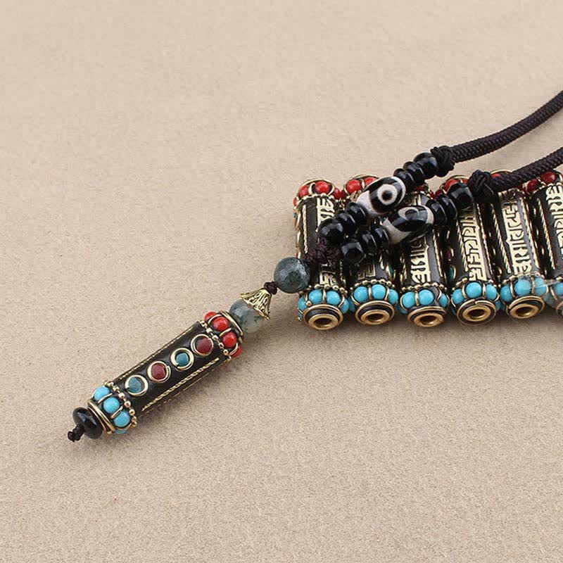 Wenge Wood Dzi Bead Mantra Necklace - Multi-barrel mantra pendant cluster with dangling charm, dzi beads