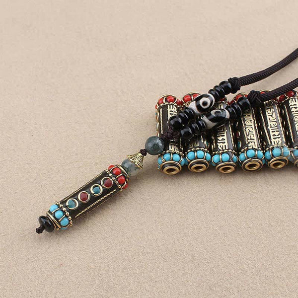 Wenge Wood Dzi Bead Mantra Necklace - Multi-barrel mantra pendant cluster with dangling charm, dzi beads