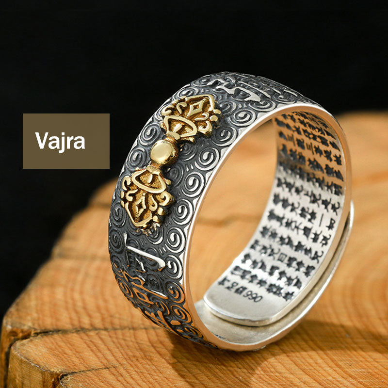 Natal Buddha Ring - Vajra dorje design ring with scripture inner band, Protective