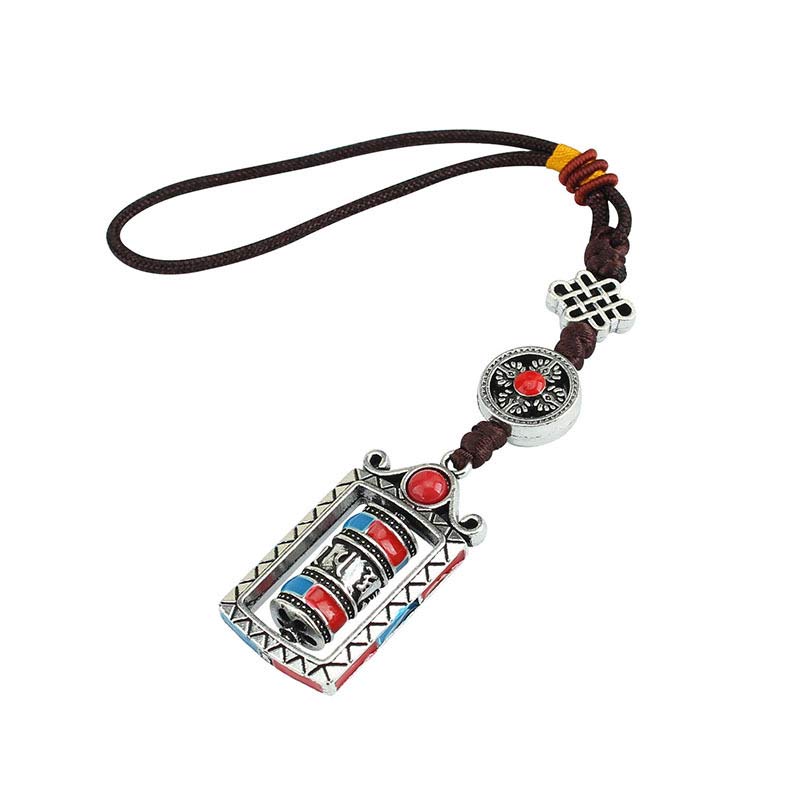 Om Mani Padme Hum Prayer Wheel Keychain – Clean white background, full front view, Tibetan prayer wheel pendant