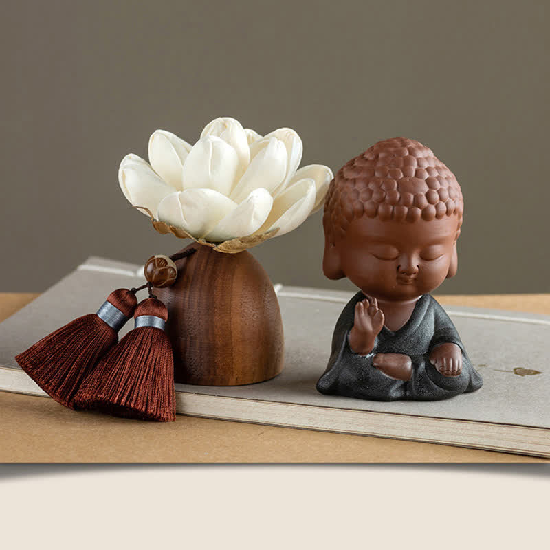 Black Peach Wood Buddha Flower Decoration – top view flower petals surrounding Buddha, floral zen design