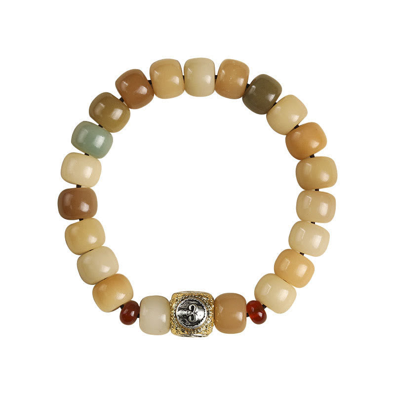 Natural Bodhi Seed Om Mani Padme Hum Wisdom Bracelet - Textured cream surface, prayer bracelet
