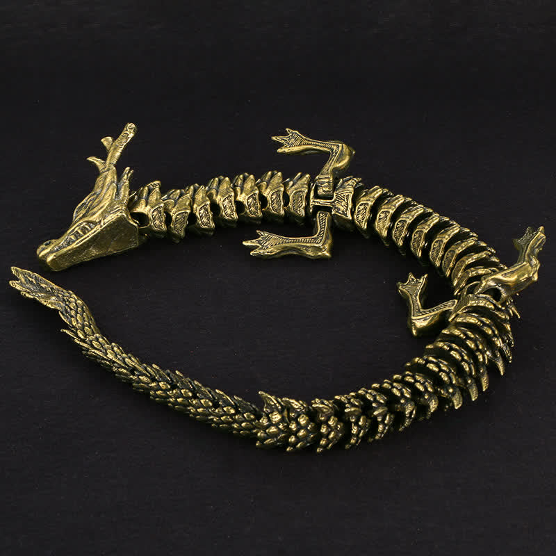 Brass Copper Dragon Statue – C-shaped serpentine pose on black velvet, articulated joints, Gothic