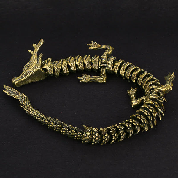 Brass Copper Dragon Statue – C-shaped serpentine pose on black velvet, articulated joints, Gothic