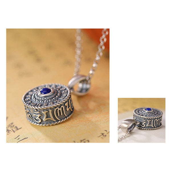 Om Mani Padme Hum Pendant – Dual angle composite showing blue stone and gold mantra text, artisan necklace