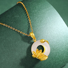 White Chalcedony Lotus S925 Necklace - curved green surface display, peace buckle pendant