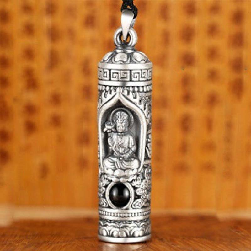 Chinese Zodiac Natal Buddha Projection Necklace – Front view with vajra-holding deity, dark lens, zodiac guardian