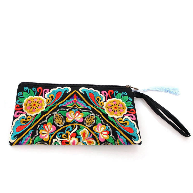 Dragon Butterfly Embroidery Wallet - Straight-on front view, symmetrical floral, Minimalist