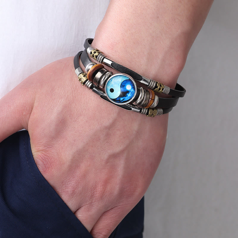 Yin Yang Leather Balance Bracelet - Blue yin-yang leather bracelet worn on wrist, men beaded jewelry