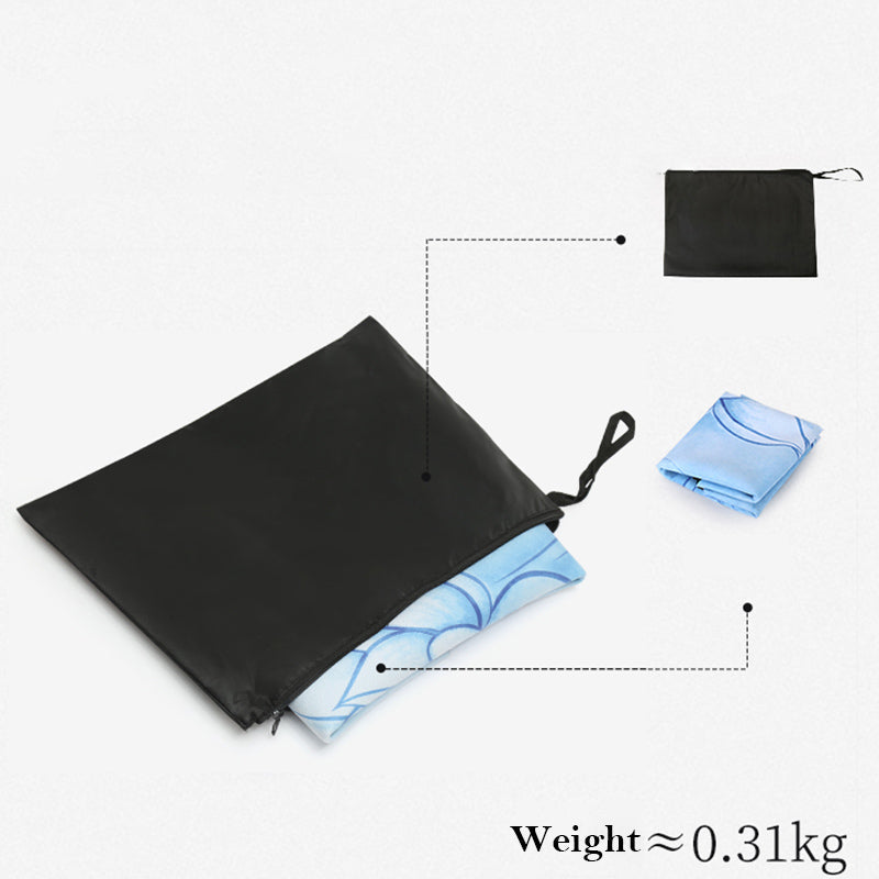 Lotus Mandala Yoga Mat – Black zippered carry pouch with blue geometric-patterned mat inside, 0.31kg, portable