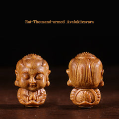 Chinese Zodiac Green Sandalwood Buddha – Rat Thousand-armed Avalokitesvara front and back view, Detailed
