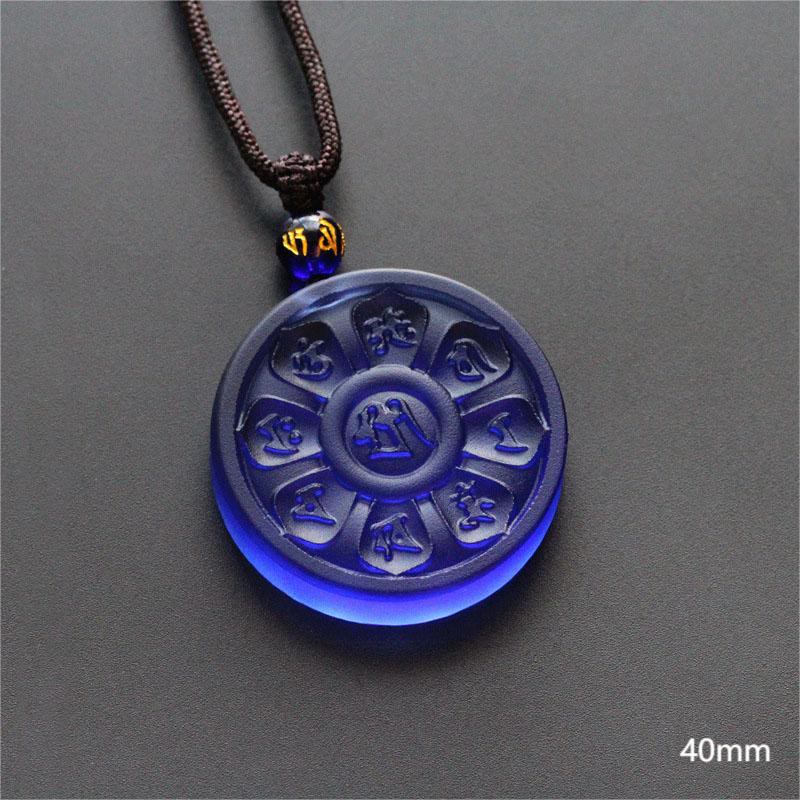 Liuli Manjusri Lotus Necklace - cobalt blue dharma wheel pendant with mantra carving, enlightening