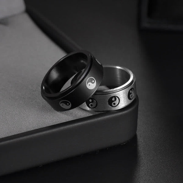 Yin Yang Titanium Steel Ring - Silver spinner band with yin-yang symbols, meditation ring