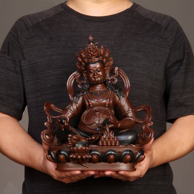 Yellow Jambhala Bodhisattva Copper Statue Home Office Decor – office desk with laptop, prosperity workspace
