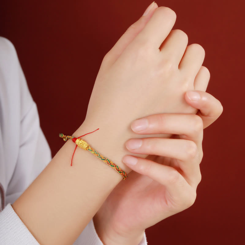 Colorful Dragon Carved Braided Bracelet – Worn on wrist with gold charm, elegant hand pose, Wearable