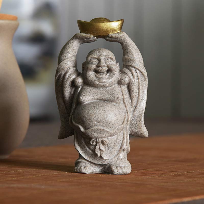 Laughing Buddha Resin Statue - gray stone finish holding gold yuanbao ingot, wooden table display, Prosperous