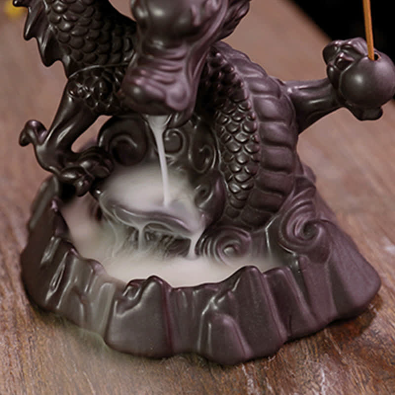 Dragon Incense Burner – Smoke waterfall pouring into rocky basin, immersive